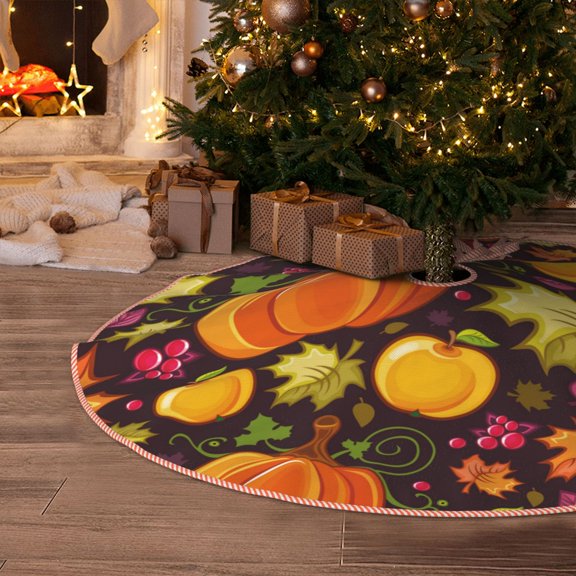 Halloween Christmas Tree Skirt - Autumn Harvest Pumpkin Joy 30 Inches Christmas Tree Skirt for Halloween Holiday Indoor Home Christmas Tree Decorations with Three Ribbons