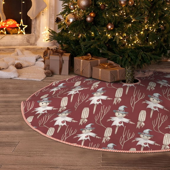 Halloween Christmas Tree Skirt - Autumn Scarecrow Harvest Joy 36 Inches Christmas Tree Skirt for Halloween Holiday Indoor Home Christmas Tree Decorations with Three Ribbons