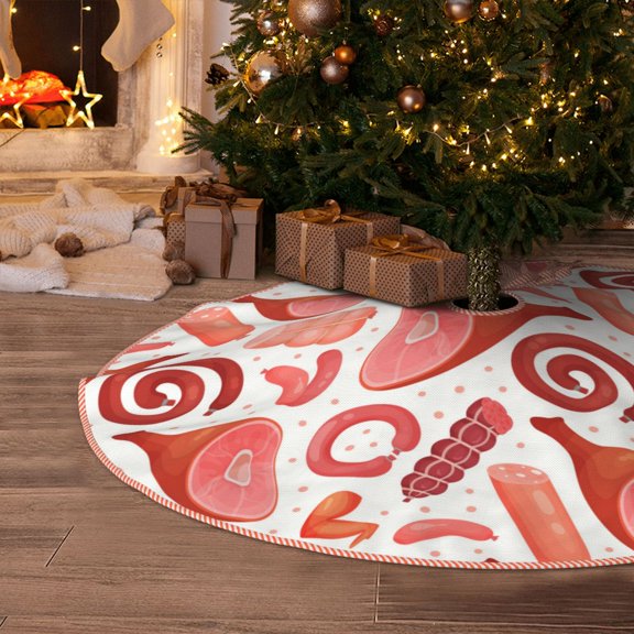 Halloween Christmas Tree Skirt - Bacon Ham print 30 Inches Christmas Tree Skirt for Halloween Holiday Indoor Home Christmas Tree Decorations with Three Ribbons