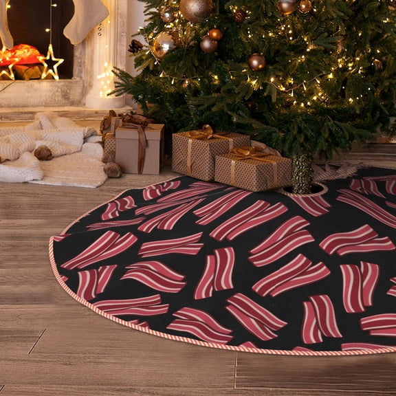 Halloween Christmas Tree Skirt - Bacon Print Black 30 Inches Christmas Tree Skirt for Halloween Holiday Indoor Home Christmas Tree Decorations with Three Ribbons