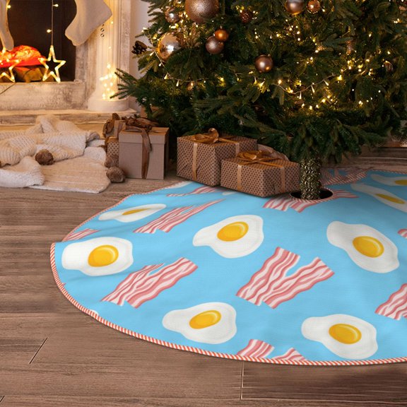 Halloween Christmas Tree Skirt - Bacon Print Blue 30 Inches Christmas Tree Skirt for Halloween Holiday Indoor Home Christmas Tree Decorations with Three Ribbons