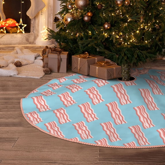 Halloween Christmas Tree Skirt - Bacon Print Light Blue 30 Inches Christmas Tree Skirt for Halloween Holiday Indoor Home Christmas Tree Decorations with Three Ribbons