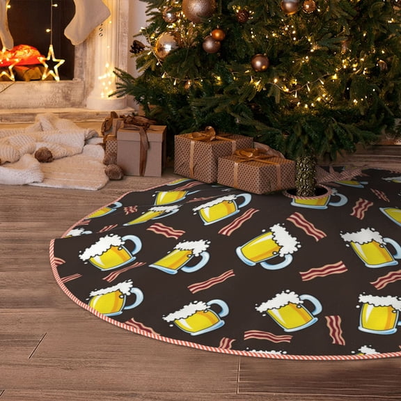 Halloween Christmas Tree Skirt - Beer Bacon Print 30 Inches Christmas Tree Skirt for Halloween Holiday Indoor Home Christmas Tree Decorations with Three Ribbons
