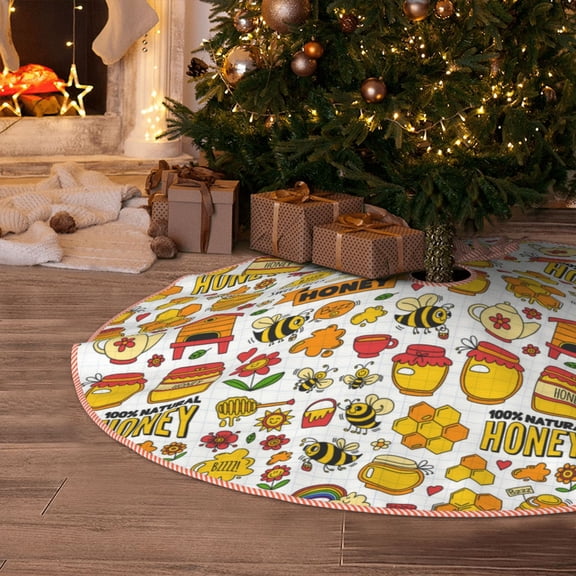 Halloween Christmas Tree Skirt - Bees And Honey 1 30 Inches Christmas Tree Skirt for Halloween Holiday Indoor Home Christmas Tree Decorations with Three Ribbons