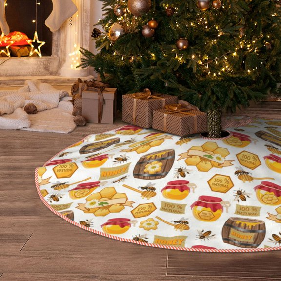 Halloween Christmas Tree Skirt - Bees And Honey 30 Inches Christmas Tree Skirt for Halloween Holiday Indoor Home Christmas Tree Decorations with Three Ribbons