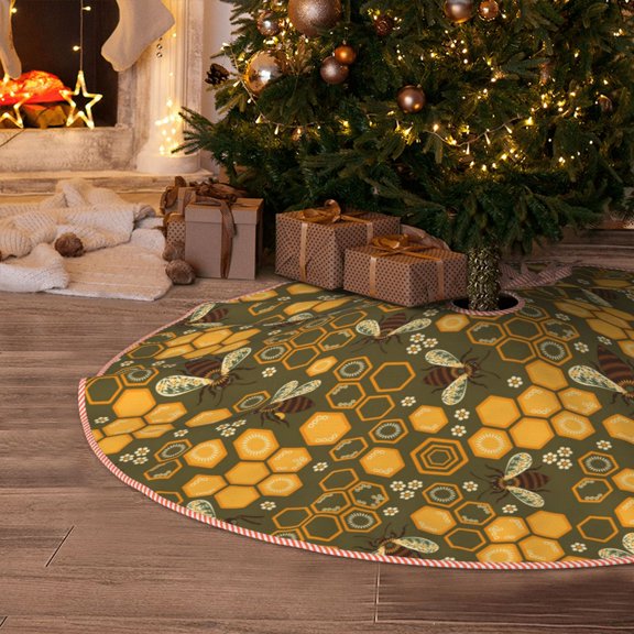 Halloween Christmas Tree Skirt - Bees and Honeycombs 30 Inches Christmas Tree Skirt for Halloween Holiday Indoor Home Christmas Tree Decorations with Three Ribbons