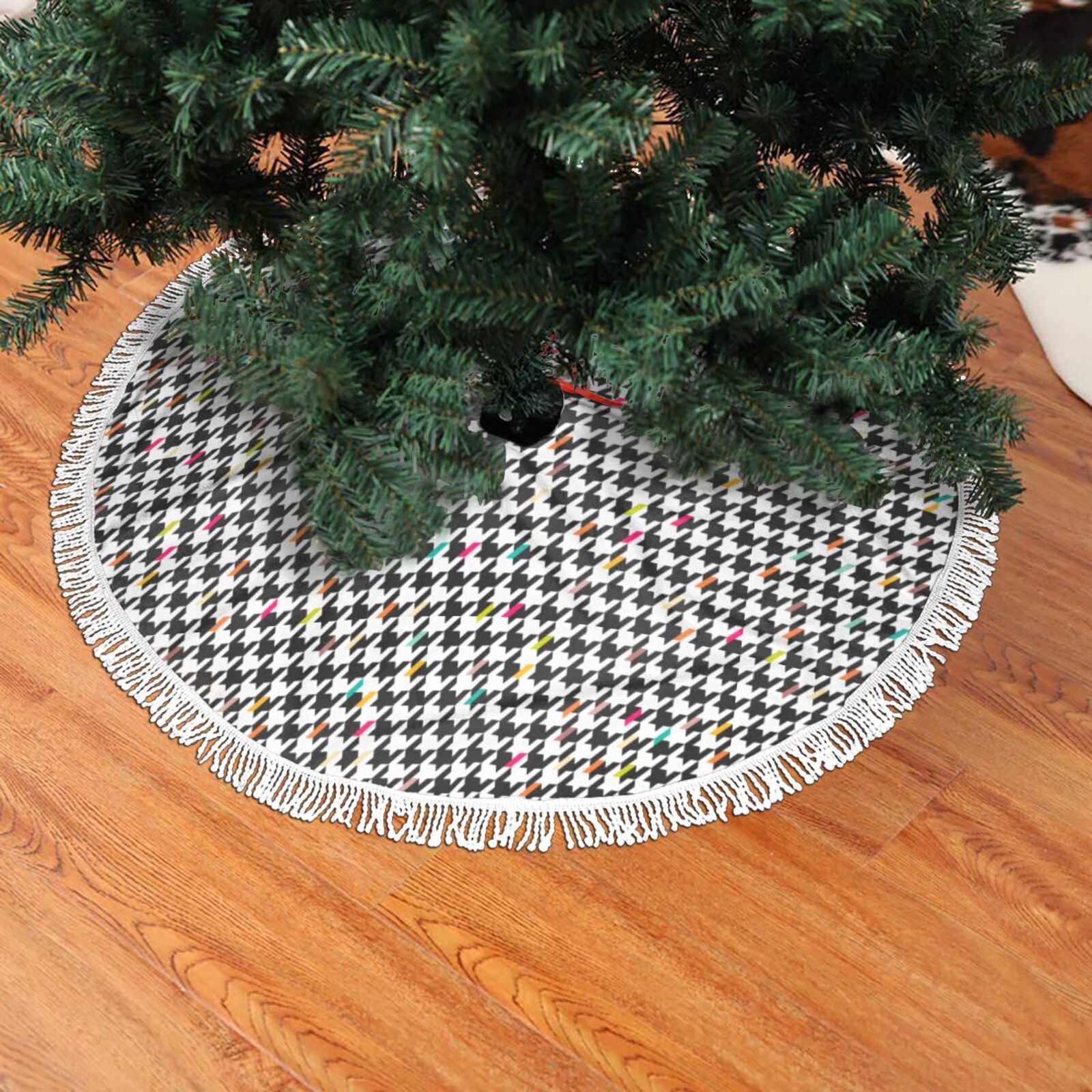 Halloween Christmas Tree Skirt, Black And White Houndstooth Tree Mat Black And White Christmas Tree Skirt