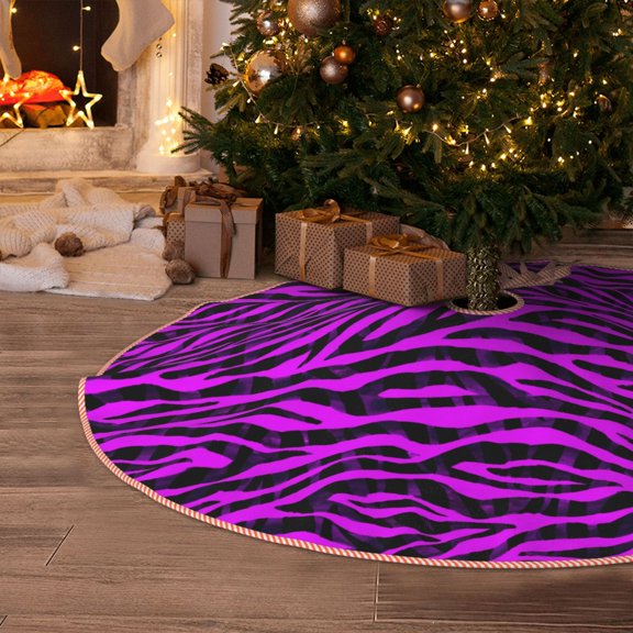 Halloween Christmas Tree Skirt - Black purple zebra print 48 Inches Christmas Tree Skirt for Halloween Holiday Indoor Home Christmas Tree Decorations with Three Ribbons