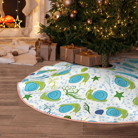 Halloween Christmas Tree Skirt - Blue Green Slug Shells 30 Inches Christmas Tree Skirt for Halloween Holiday Indoor Home Christmas Tree Decorations with Three Ribbons