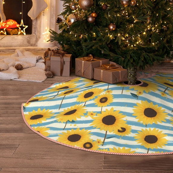 Halloween Christmas Tree Skirt - Blue White Striped Sunflower A 48 Inches Christmas Tree Skirt for Halloween Holiday Indoor Home Christmas Tree Decorations with Three Ribbons