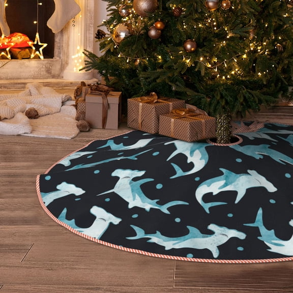 Halloween Christmas Tree Skirt - Blue dot hammerhead shark 30 Inches Christmas Tree Skirt for Halloween Holiday Indoor Home Christmas Tree Decorations with Three Ribbons