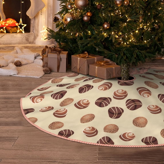 Halloween Christmas Tree Skirt - Brown Chocolate Print 36 Inches Christmas Tree Skirt for Halloween Holiday Indoor Home Christmas Tree Decorations with Three Ribbons