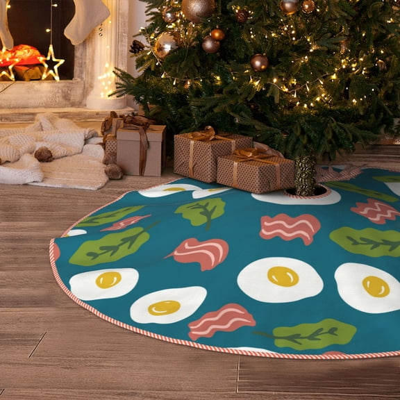 Halloween Christmas Tree Skirt - Cartoon Bacon Omelette Print 30 Inches Christmas Tree Skirt for Halloween Holiday Indoor Home Christmas Tree Decorations with Three Ribbons