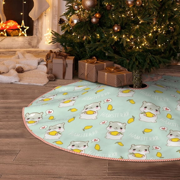 Halloween Christmas Tree Skirt - Cartoon Cute Hamster Mango Green 30 Inches Christmas Tree Skirt for Halloween Holiday Indoor Home Christmas Tree Decorations with Three Ribbons