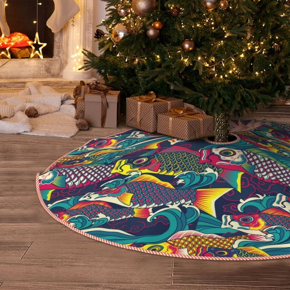 Halloween Christmas Tree Skirt - Colorful Carp Streamer 30 Inches Christmas Tree Skirt for Halloween Holiday Indoor Home Christmas Tree Decorations with Three Ribbons
