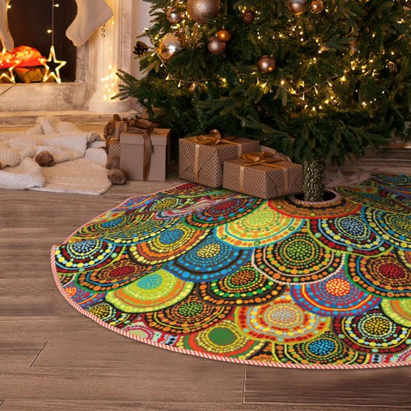 Halloween Christmas Tree Skirt - Colorful Circle 30 Inches Christmas Tree Skirt for Halloween Holiday Indoor Home Christmas Tree Decorations with Three Ribbons