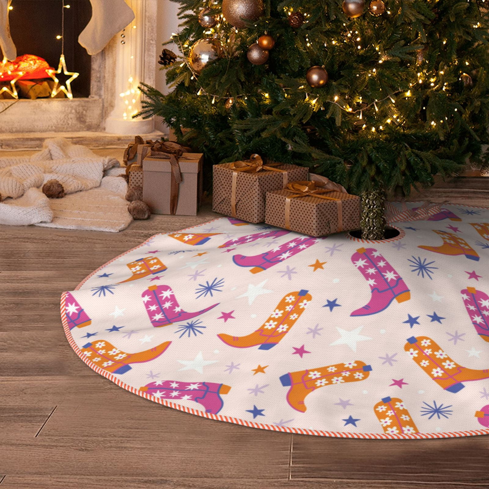 Halloween Christmas Tree Skirt, Cowgirl Boots Tree Mat Tree Skirt for