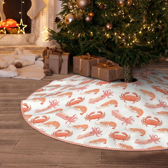 Halloween Christmas Tree Skirt - Crab Squid Shrimp 30 Inches Christmas Tree Skirt for Halloween Holiday Indoor Home Christmas Tree Decorations with Three Ribbons