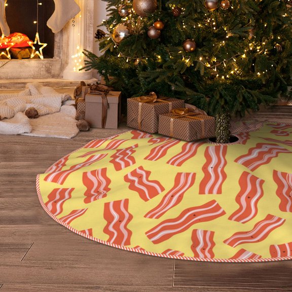 Halloween Christmas Tree Skirt - Cute Bacon Print Yellow 30 Inches Christmas Tree Skirt for Halloween Holiday Indoor Home Christmas Tree Decorations with Three Ribbons