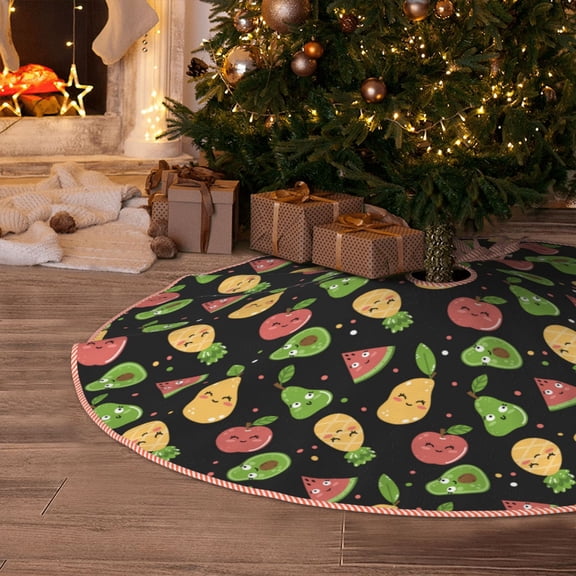 Halloween Christmas Tree Skirt - Cute Pear Mango Watermelon Pineapple 30 Inches Christmas Tree Skirt for Halloween Holiday Indoor Home Christmas Tree Decorations with Three Ribbons
