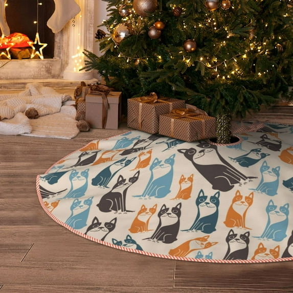 Halloween Christmas Tree Skirt - Cute boston terrier dog vintage 30 Inches Christmas Tree Skirt for Halloween Holiday Indoor Home Christmas Tree Decorations with Three Ribbons