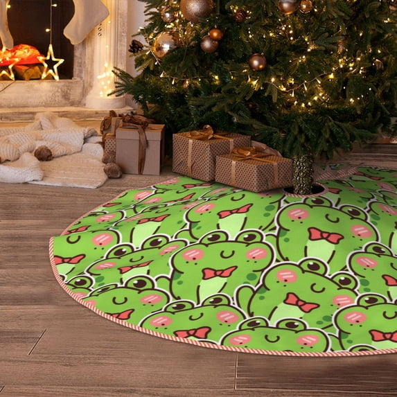 Halloween Christmas Tree Skirt - Cute green frog Kawaii 48 Inches Christmas Tree Skirt for Halloween Holiday Indoor Home Christmas Tree Decorations with Three Ribbons
