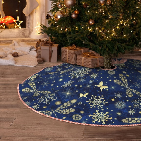 Halloween Christmas Tree Skirt - Dark Blue Christmas 36 Inches Christmas Tree Skirt for Halloween Holiday Indoor Home Christmas Tree Decorations with Three Ribbons