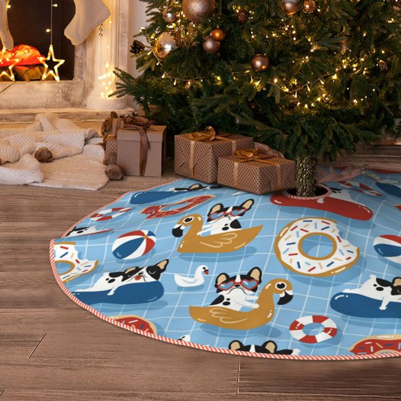 Halloween Christmas Tree Skirt - Dogs With Pool Floats 30 Inches Christmas Tree Skirt for Halloween Holiday Indoor Home Christmas Tree Decorations with Three Ribbons