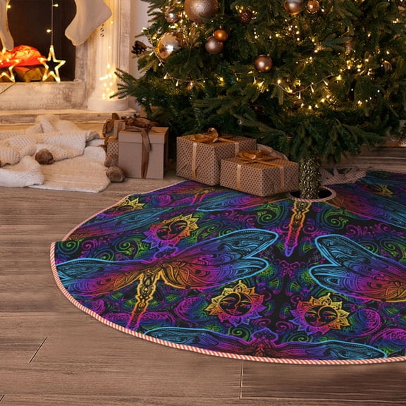 Halloween Christmas Tree Skirt - Flamboyant Dragonfly 30 Inches Christmas Tree Skirt for Halloween Holiday Indoor Home Christmas Tree Decorations with Three Ribbons