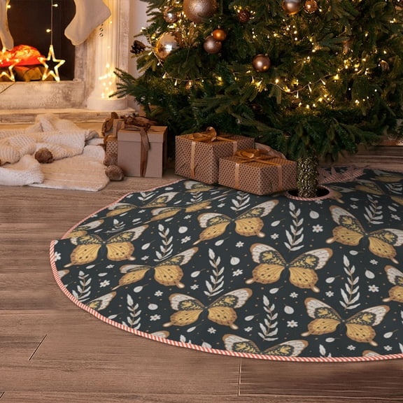 Halloween Christmas Tree Skirt - Flower Butterfly 30 Inches Christmas Tree Skirt for Halloween Holiday Indoor Home Christmas Tree Decorations with Three Ribbons
