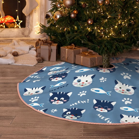Halloween Christmas Tree Skirt - Funny Cute Cat Face Fish 30 Inches Christmas Tree Skirt for Halloween Holiday Indoor Home Christmas Tree Decorations with Three Ribbons