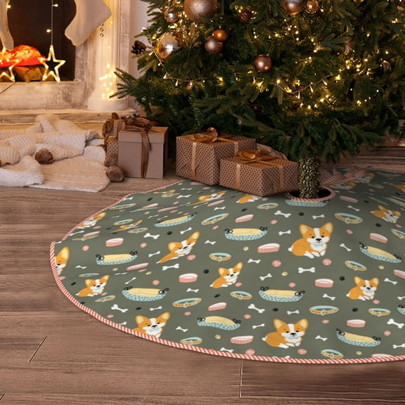 Halloween Christmas Tree Skirt - Funny Cute Corgi Dog Collar 30 Inches Christmas Tree Skirt for Halloween Holiday Indoor Home Christmas Tree Decorations with Three Ribbons