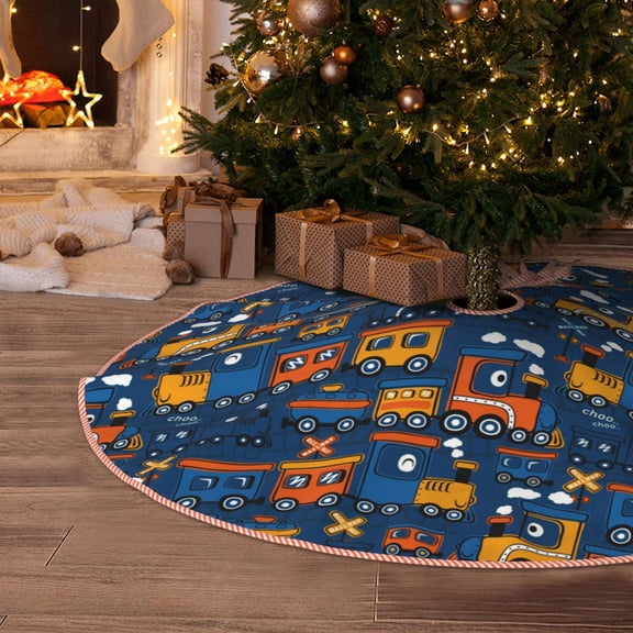 Halloween Christmas Tree Skirt - Funny Steam Train 30 Inches Christmas Tree Skirt for Halloween Holiday Indoor Home Christmas Tree Decorations with Three Ribbons
