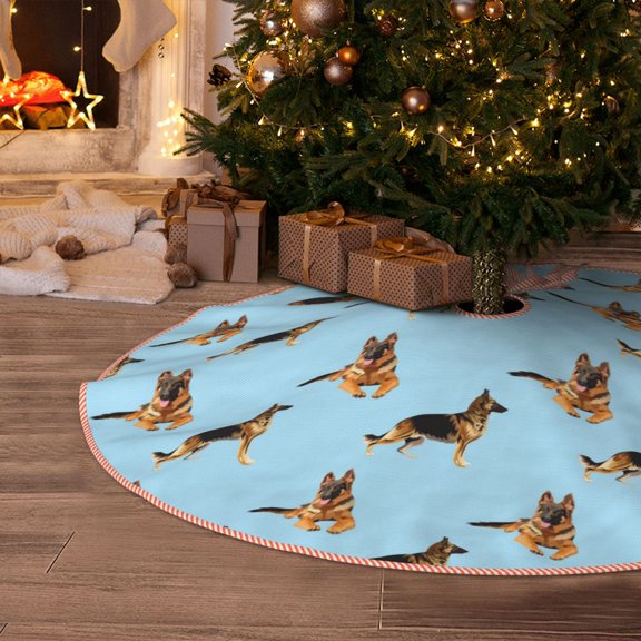 Halloween Christmas Tree Skirt - German Shepherd Dog Blue 30 Inches Christmas Tree Skirt for Halloween Holiday Indoor Home Christmas Tree Decorations with Three Ribbons