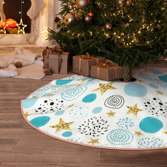 Halloween Christmas Tree Skirt - Gold Stars Blue Dots Pattern 30 Inches Christmas Tree Skirt for Halloween Holiday Indoor Home Christmas Tree Decorations with Three Ribbons