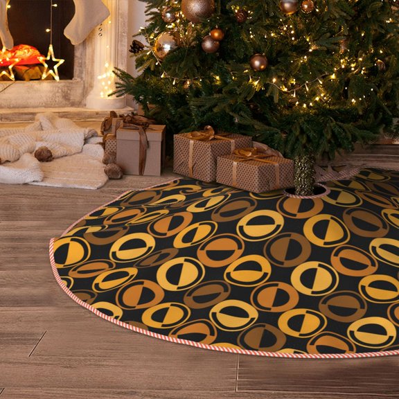 Halloween Christmas Tree Skirt - Gold dot circles pattern 30 Inches Christmas Tree Skirt for Halloween Holiday Indoor Home Christmas Tree Decorations with Three Ribbons