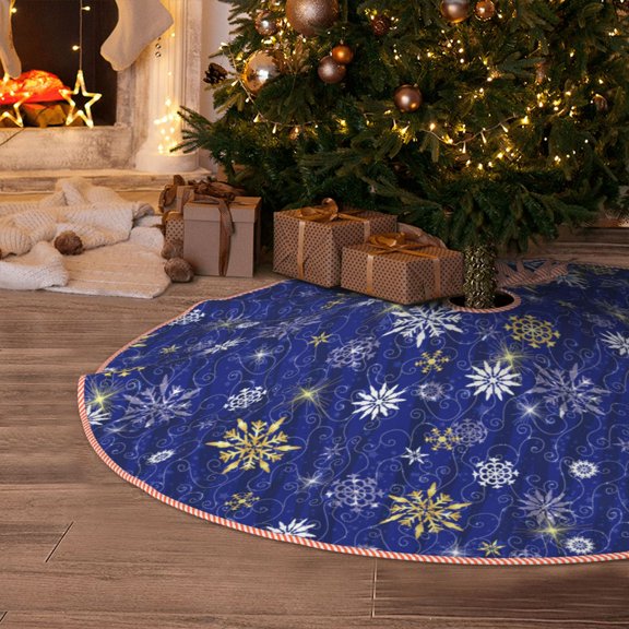 Halloween Christmas Tree Skirt - Golden Snowflakes Royal Blue 48 Inches Christmas Tree Skirt for Halloween Holiday Indoor Home Christmas Tree Decorations with Three Ribbons