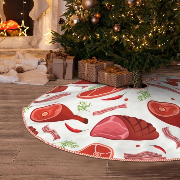 Halloween Christmas Tree Skirt - Ham Bacon Print 36 Inches Christmas Tree Skirt for Halloween Holiday Indoor Home Christmas Tree Decorations with Three Ribbons