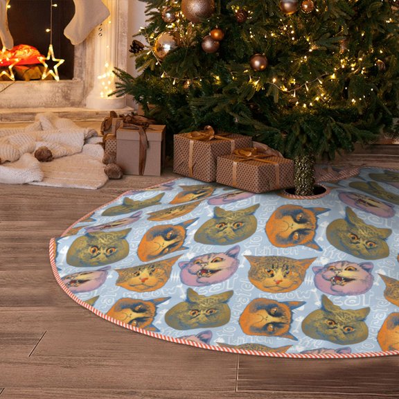 Halloween Christmas Tree Skirt - Hand Drawn Funny Cat Face 30 Inches Christmas Tree Skirt for Halloween Holiday Indoor Home Christmas Tree Decorations with Three Ribbons