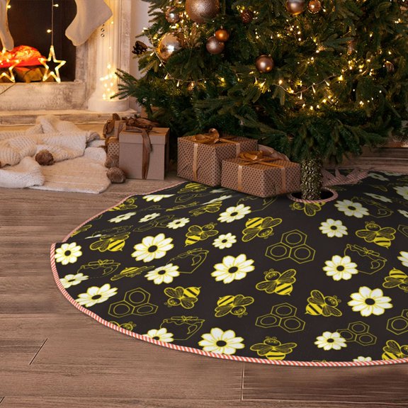 Halloween Christmas Tree Skirt - Honey Bees With Flowers 30 Inches Christmas Tree Skirt for Halloween Holiday Indoor Home Christmas Tree Decorations with Three Ribbons