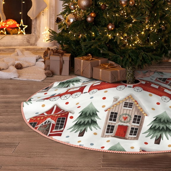 Halloween Christmas Tree Skirt - Christmas Houses 48 Inches Christmas Tree Skirt for Halloween Holiday Indoor Home Christmas Tree Decorations with Three Ribbons