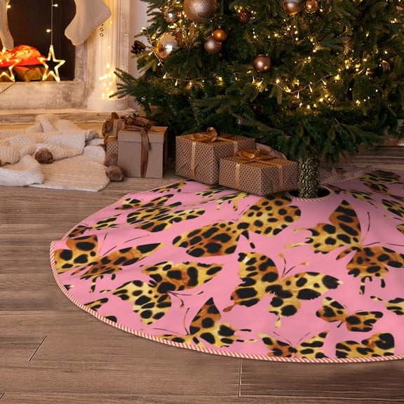 Halloween Christmas Tree Skirt - Leopard butterfly pink 30 Inches Christmas Tree Skirt for Halloween Holiday Indoor Home Christmas Tree Decorations with Three Ribbons