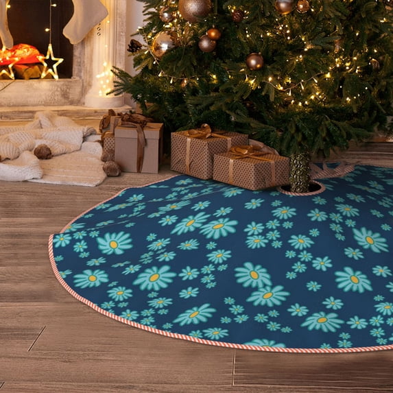 Halloween Christmas Tree Skirt - Light Blue Daisies Flowers 36 Inches Christmas Tree Skirt for Halloween Holiday Indoor Home Christmas Tree Decorations with Three Ribbons