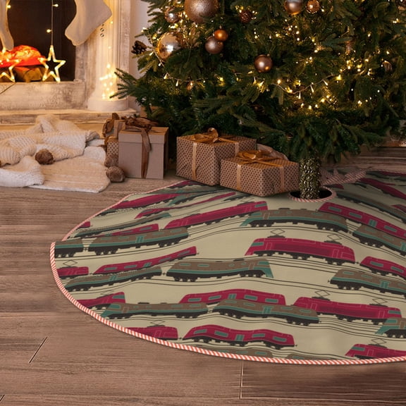 Halloween Christmas Tree Skirt - Modern Train Pattern 30 Inches Christmas Tree Skirt for Halloween Holiday Indoor Home Christmas Tree Decorations with Three Ribbons