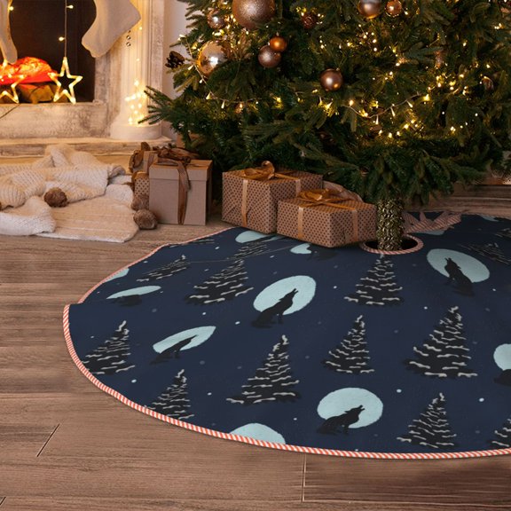 Halloween Christmas Tree Skirt - Night Forest Wolf 30 Inches Christmas Tree Skirt for Halloween Holiday Indoor Home Christmas Tree Decorations with Three Ribbons