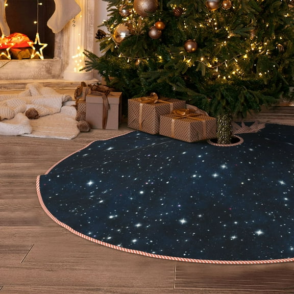 Halloween Christmas Tree Skirt - Night sky blue nebula stars 48 Inches Christmas Tree Skirt for Halloween Holiday Indoor Home Christmas Tree Decorations with Three Ribbons