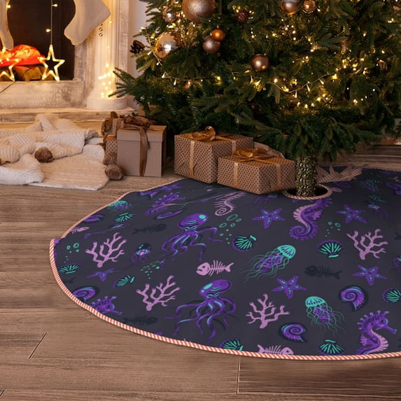 Halloween Christmas Tree Skirt - Octopus Seahorse Jellyfish Purple 36 Inches Christmas Tree Skirt for Halloween Holiday Indoor Home Christmas Tree Decorations with Three Ribbons