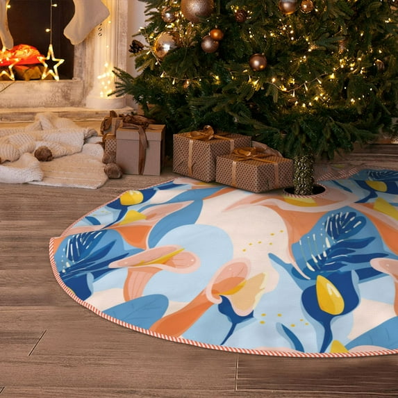 Halloween Christmas Tree Skirt - Orange Calla Lily Flowers 36 Inches Christmas Tree Skirt for Halloween Holiday Indoor Home Christmas Tree Decorations with Three Ribbons