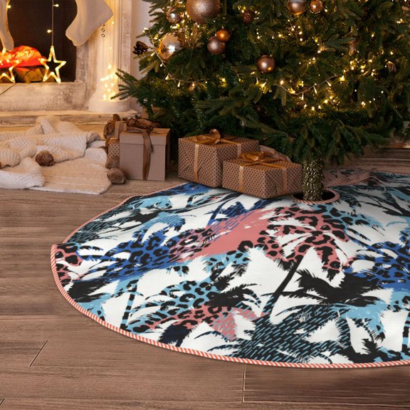 Halloween Christmas Tree Skirt - Palm tree doodle 48 Inches Christmas Tree Skirt for Halloween Holiday Indoor Home Christmas Tree Decorations with Three Ribbons
