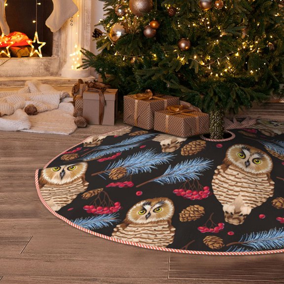 Halloween Christmas Tree Skirt - Pinecone Owl Brown 30 Inches Christmas Tree Skirt for Halloween Holiday Indoor Home Christmas Tree Decorations with Three Ribbons
